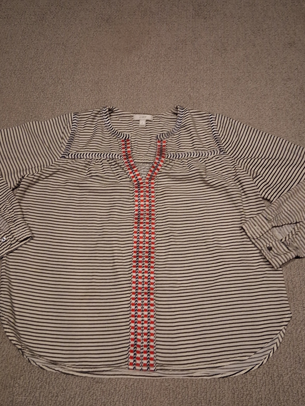 J.Crew Striped Black & White Boho Style Women's Blouse with Coral Trim